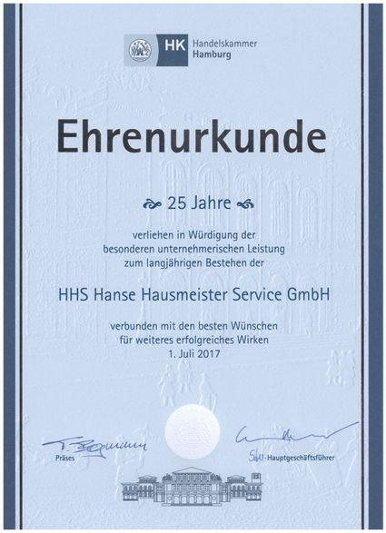 Hanse Hausmeister Service GmbH Ehrenurkunde